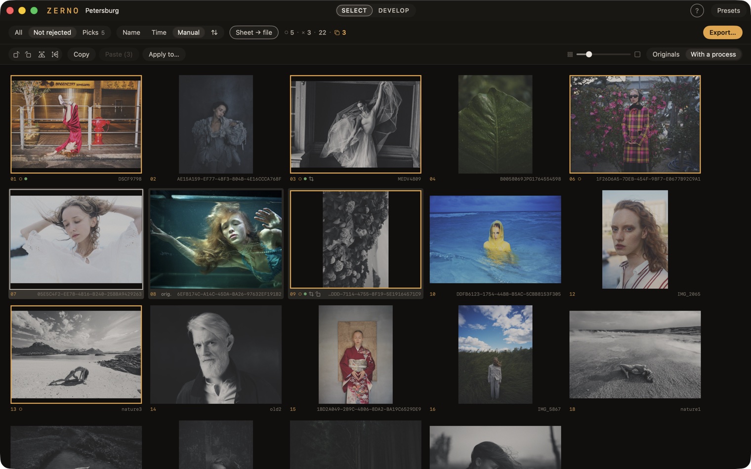 The grid with marks: golden borders on the picks, the "Not rejected" filter