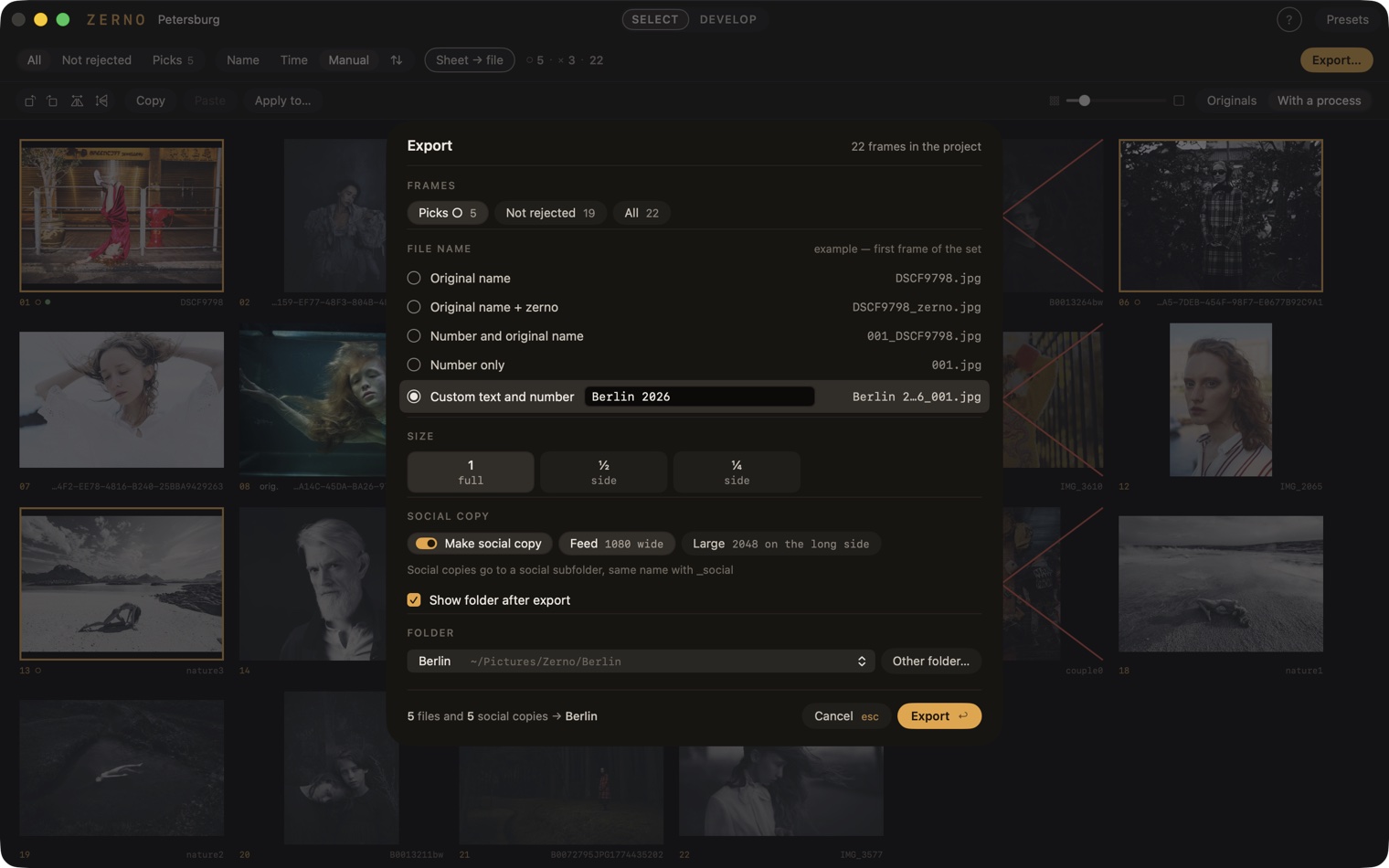 The export window: set, file name from your own text, size, social copy and folder