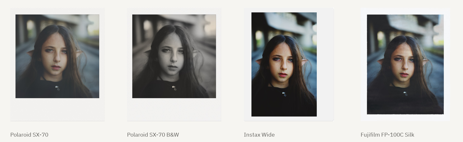 One portrait on four instant packs: Polaroid SX-70, SX-70 B&W, Instax Wide, Fujifilm FP-100C Silk